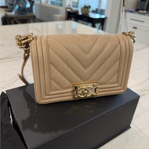 Chanel Iridescent Beige Caviar Chevron Mini Boy Bag